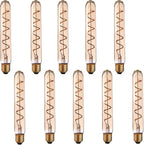 T185 E27 LED filament bulb, amber glass, spiral filament, lit, ten bulbs on a white background
