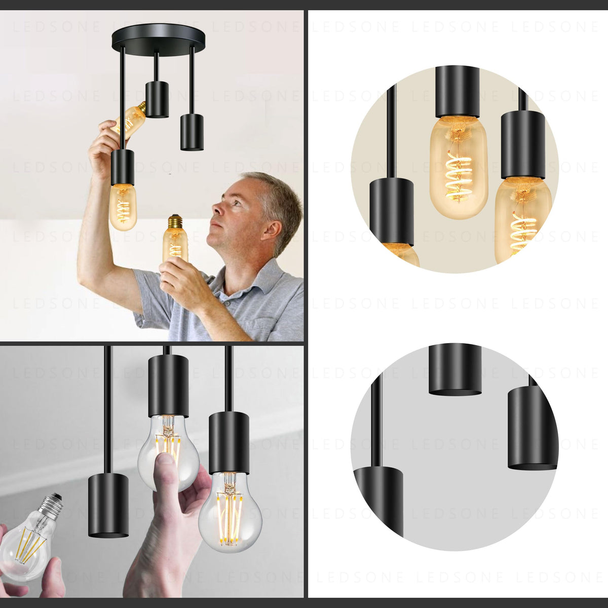 3 Light E27 Semi Flush Ceiling Light – Black Metal ~1224