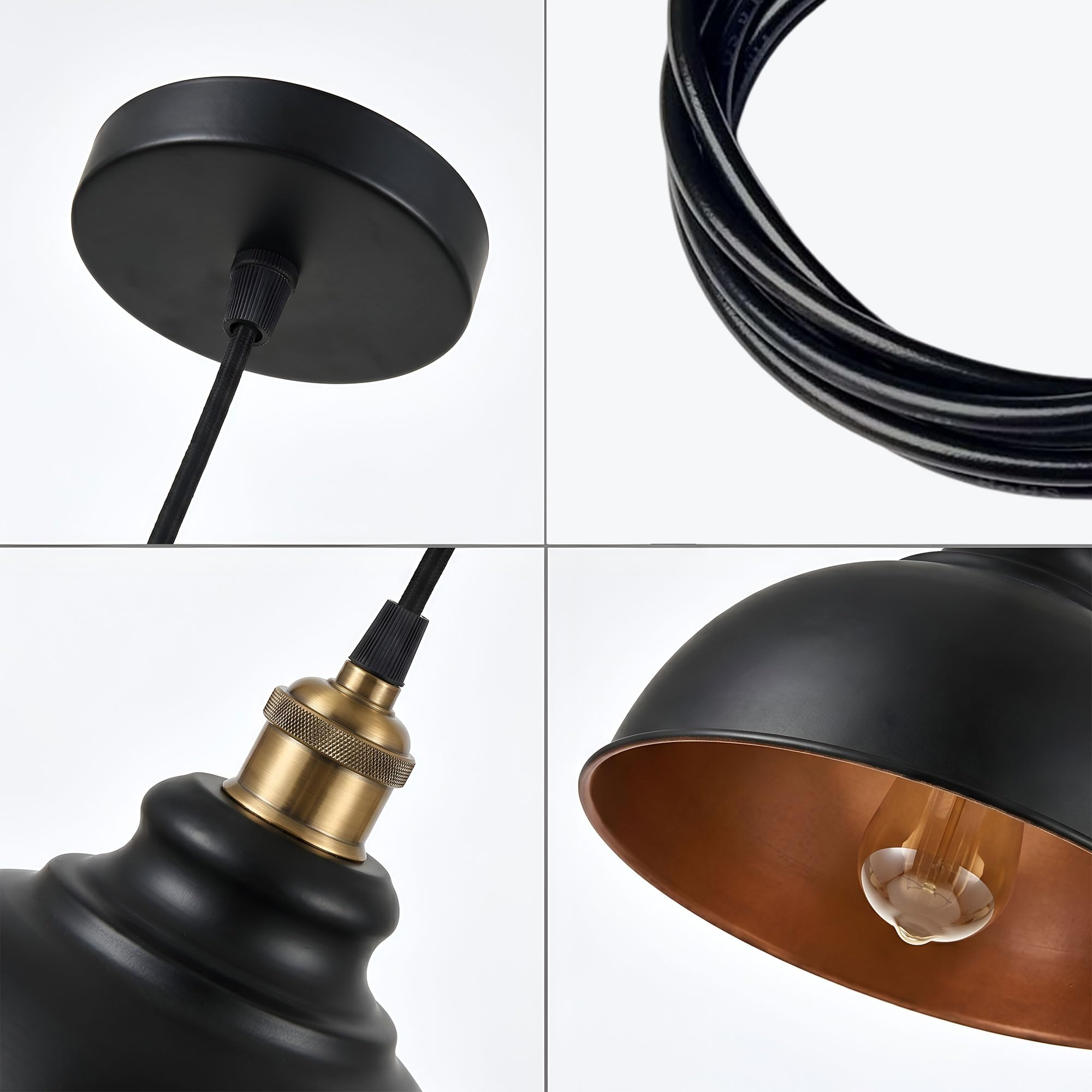 Close-up of vintage industrial pendant light with adjustable cable