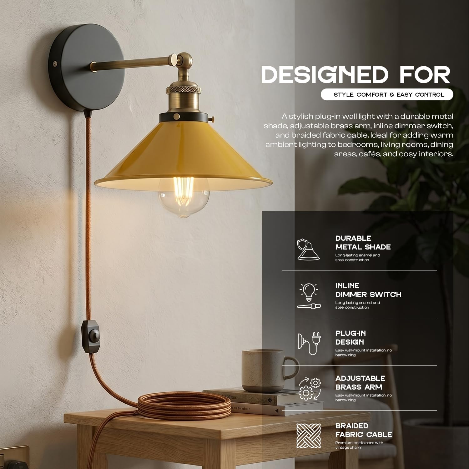 Industrial Plug-in Wall Light | Adjustable Brass Arm & Dimmer E27 ~1204