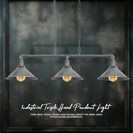 A steampunk ceiling light with three lit bulbs in textured metal shades, shown against a dark background.