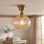 Semi Flush Ceiling Light Amber Ribbed Glass Shade E27 Ceiling Lamp~1207