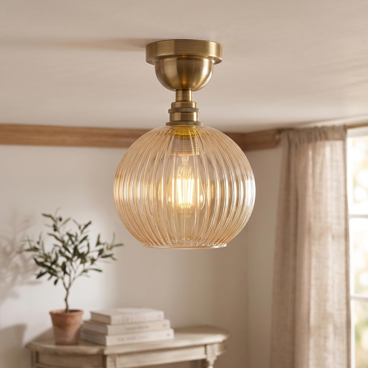 Semi Flush Ceiling Light Amber Ribbed Glass Shade E27 Ceiling Lamp~1207