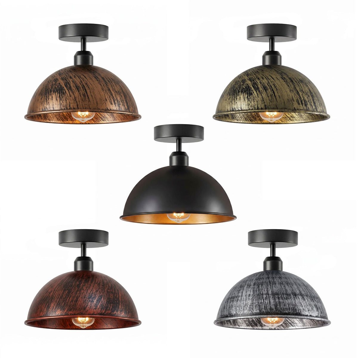 vintage industrial semi-flush mount ceiling lamps with metal dome shades and E27 holders
