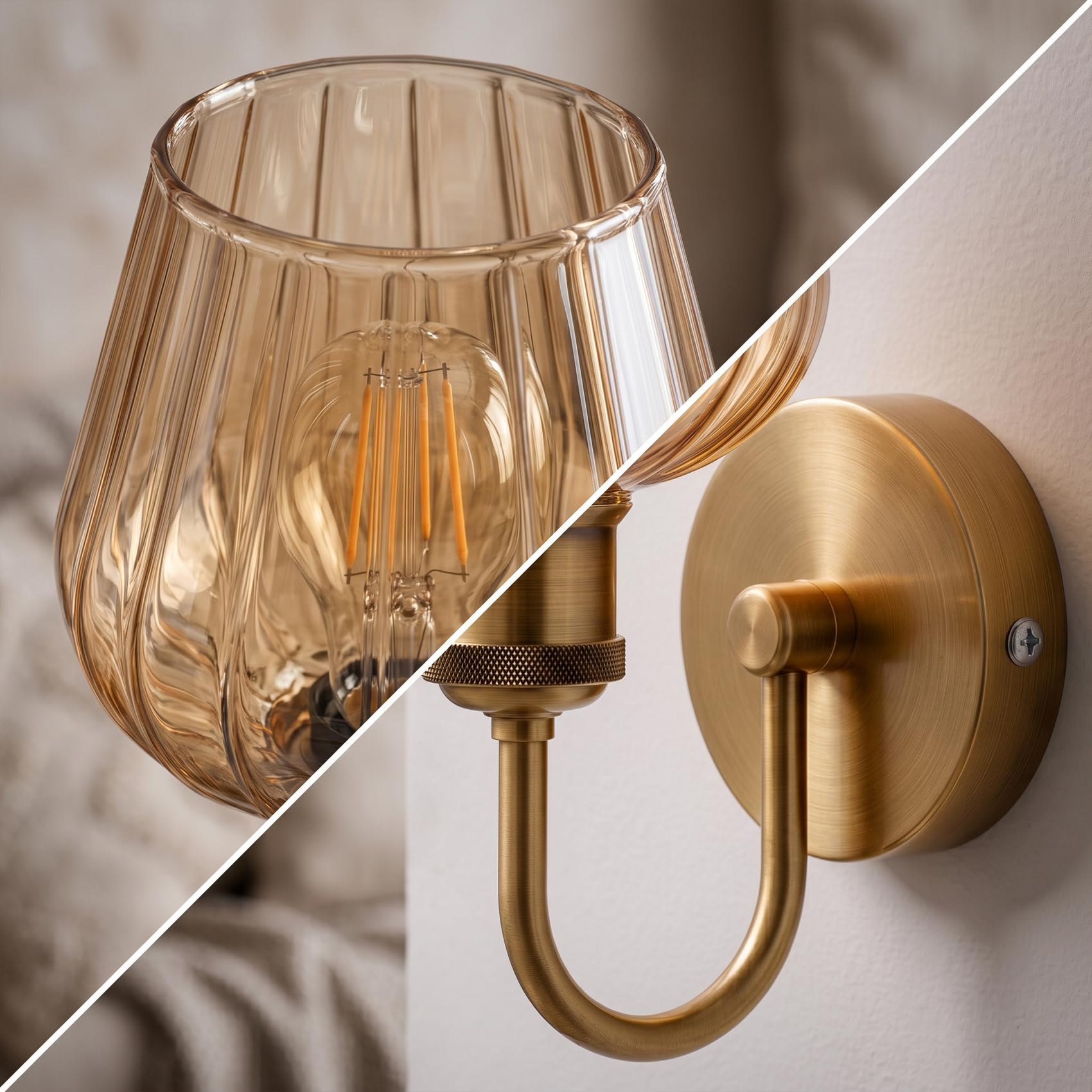 Arm Fitting Amber Glass Vintage Wall Sconce Light E27 ~1191