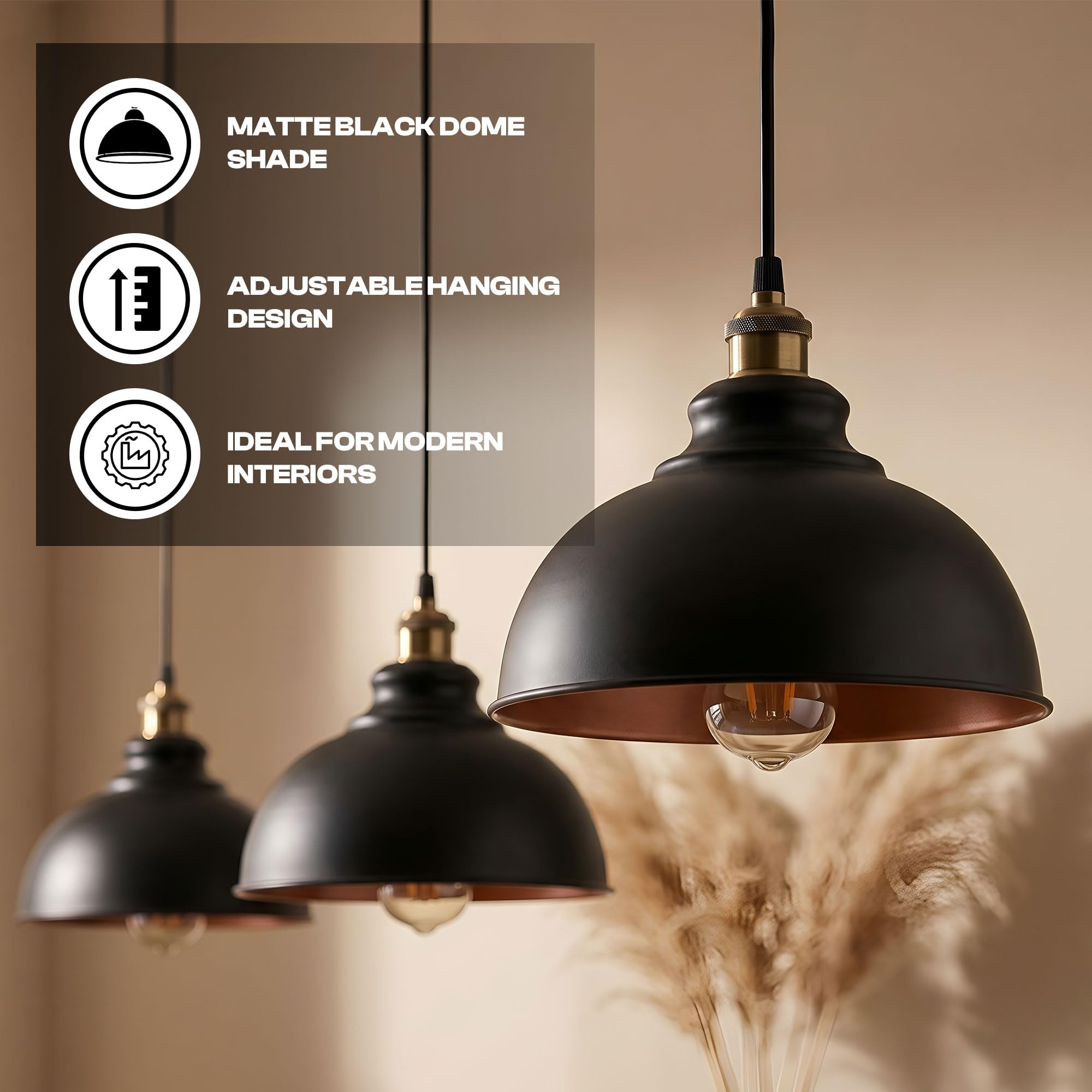 Vintage industrial pendant lights with matte black metal dome shades
