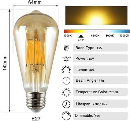ST64 E27 LED Filament Bulbs 8W – 6 Pack Vintage Amber ~1227