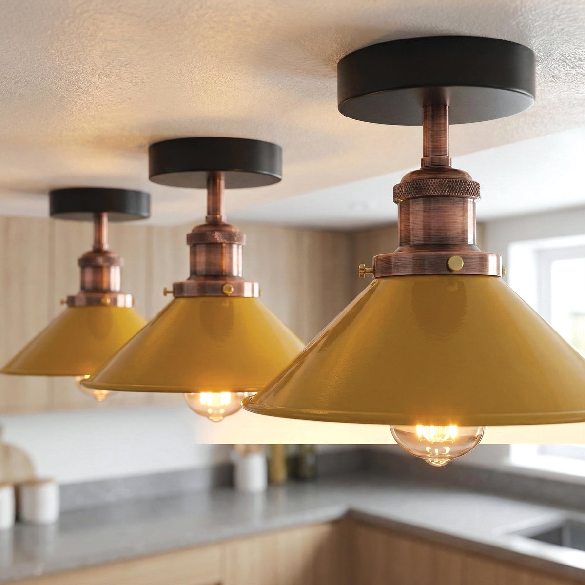 Modern Flush Mount E27 Flush Ceiling Light – Metal Cone Shade ~1218