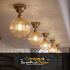 Semi Flush Ceiling Light Amber Ribbed Glass Shade E27 Ceiling Lamp~1207