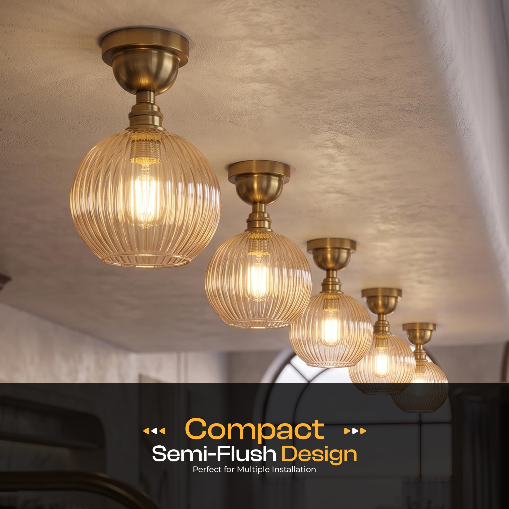 Semi Flush Ceiling Light Amber Ribbed Glass Shade E27 Ceiling Lamp~1207