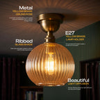 Semi Flush Ceiling Light Amber Ribbed Glass Shade E27 Ceiling Lamp~1207