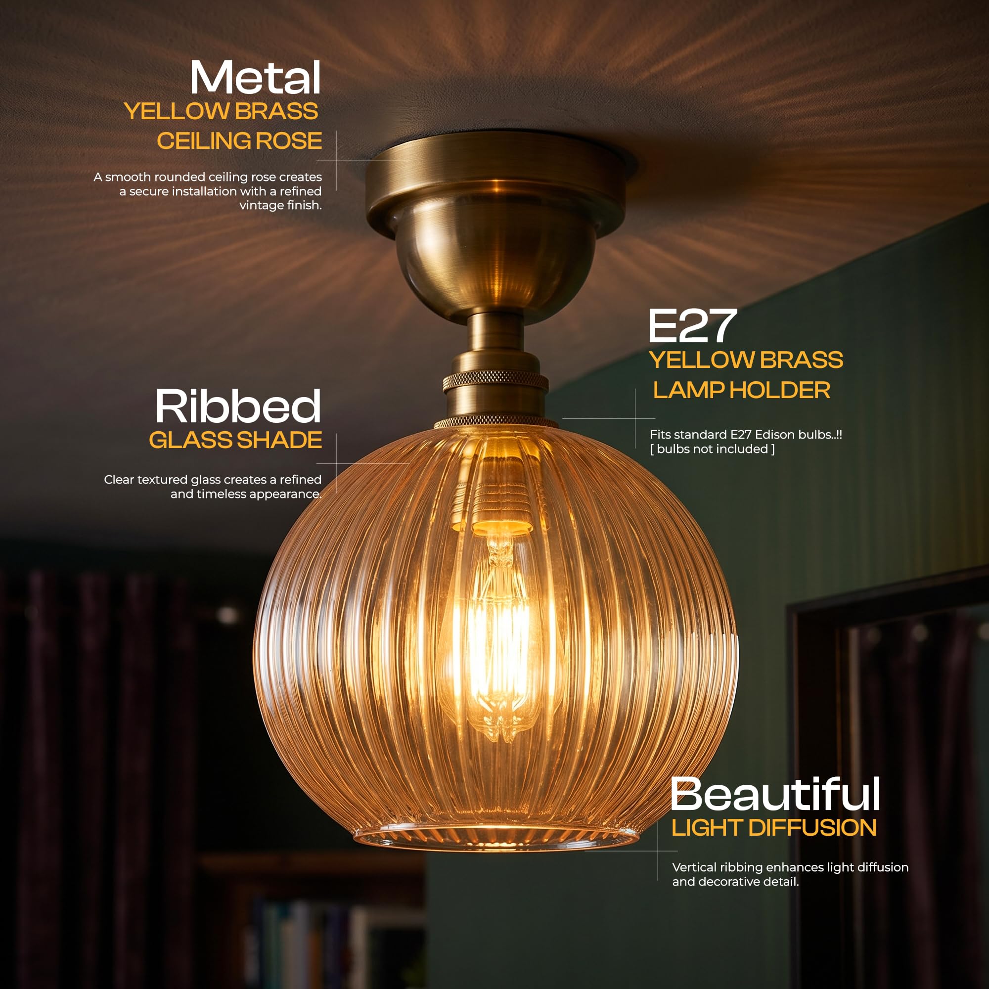 Semi Flush Ceiling Light Amber Ribbed Glass Shade E27 Ceiling Lamp~1207