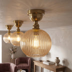 Semi Flush Ceiling Light Amber Ribbed Glass Shade E27 Ceiling Lamp~1207
