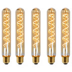 T185 E27 LED filament bulb, amber glass, spiral filament, lit, five bulbs on a white background
