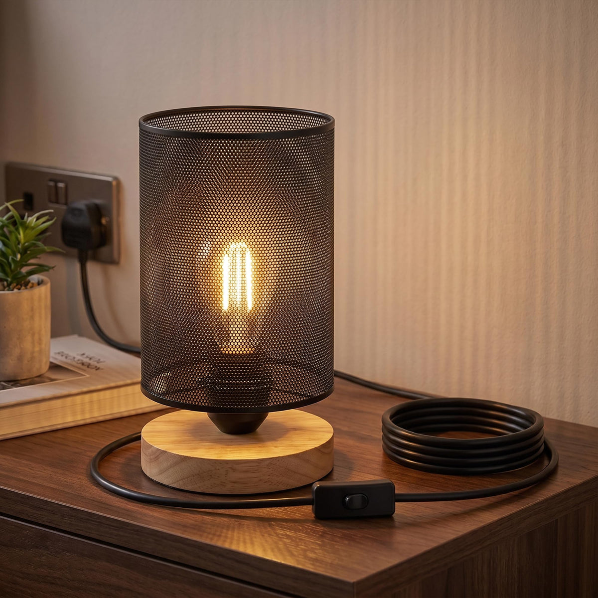 Vintage E27 Table Lamp with Barrel Cage & Wooden Stand