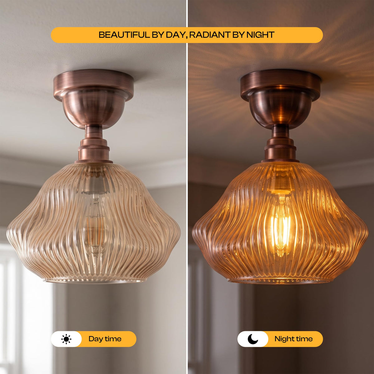Semi Flush Ceiling Light Amber Ribbed Glass Shade E27 Ceiling Lamp~1207
