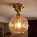 Semi Flush Ceiling Light Amber Ribbed Glass Shade E27 Ceiling Lamp~1207