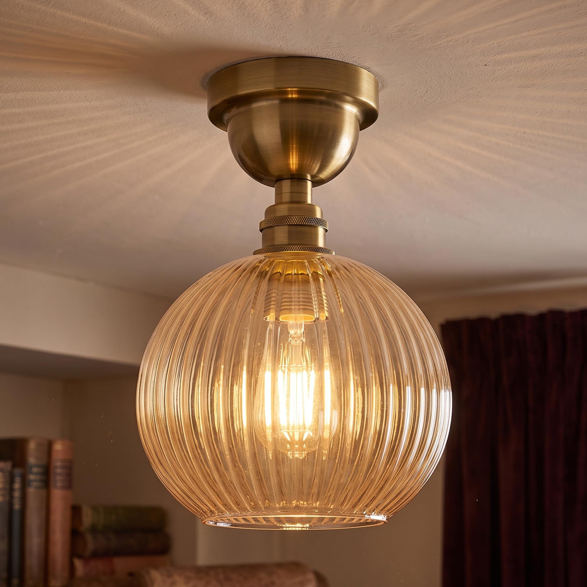 Semi Flush Ceiling Light Amber Ribbed Glass Shade E27 Ceiling Lamp~1207
