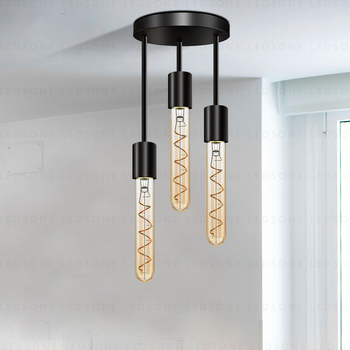 3 Light E27 Semi Flush Ceiling Light – Black Metal ~1224