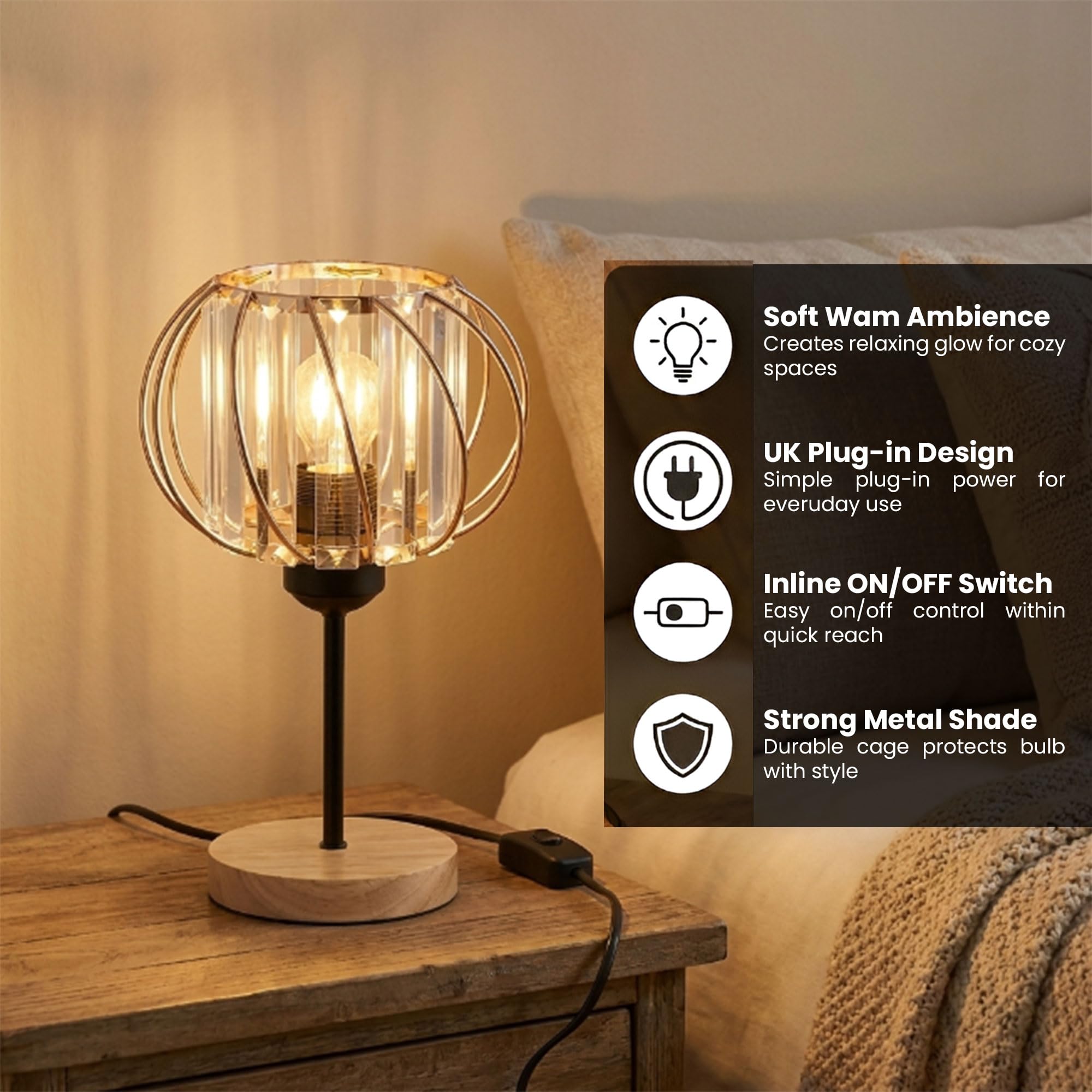 Vintage Crystal Cage Table Lamp with gold wire and wooden base
