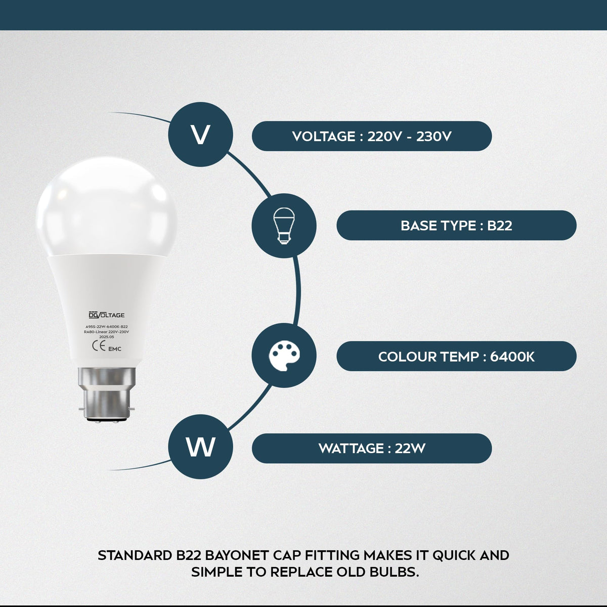 22W non-dimmable LED light bulb with a B22 bayonet cap and a cool white 6400K color temperature