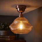 Semi Flush Ceiling Light Amber Ribbed Glass Shade E27 Ceiling Lamp~1207