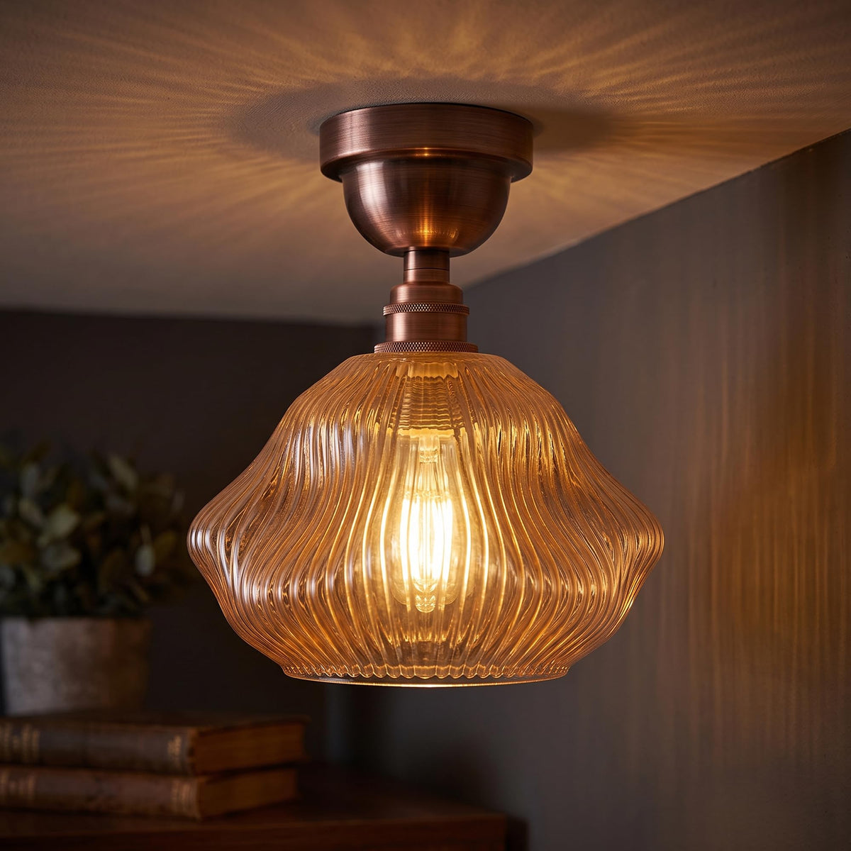 Semi Flush Ceiling Light Amber Ribbed Glass Shade E27 Ceiling Lamp~1207