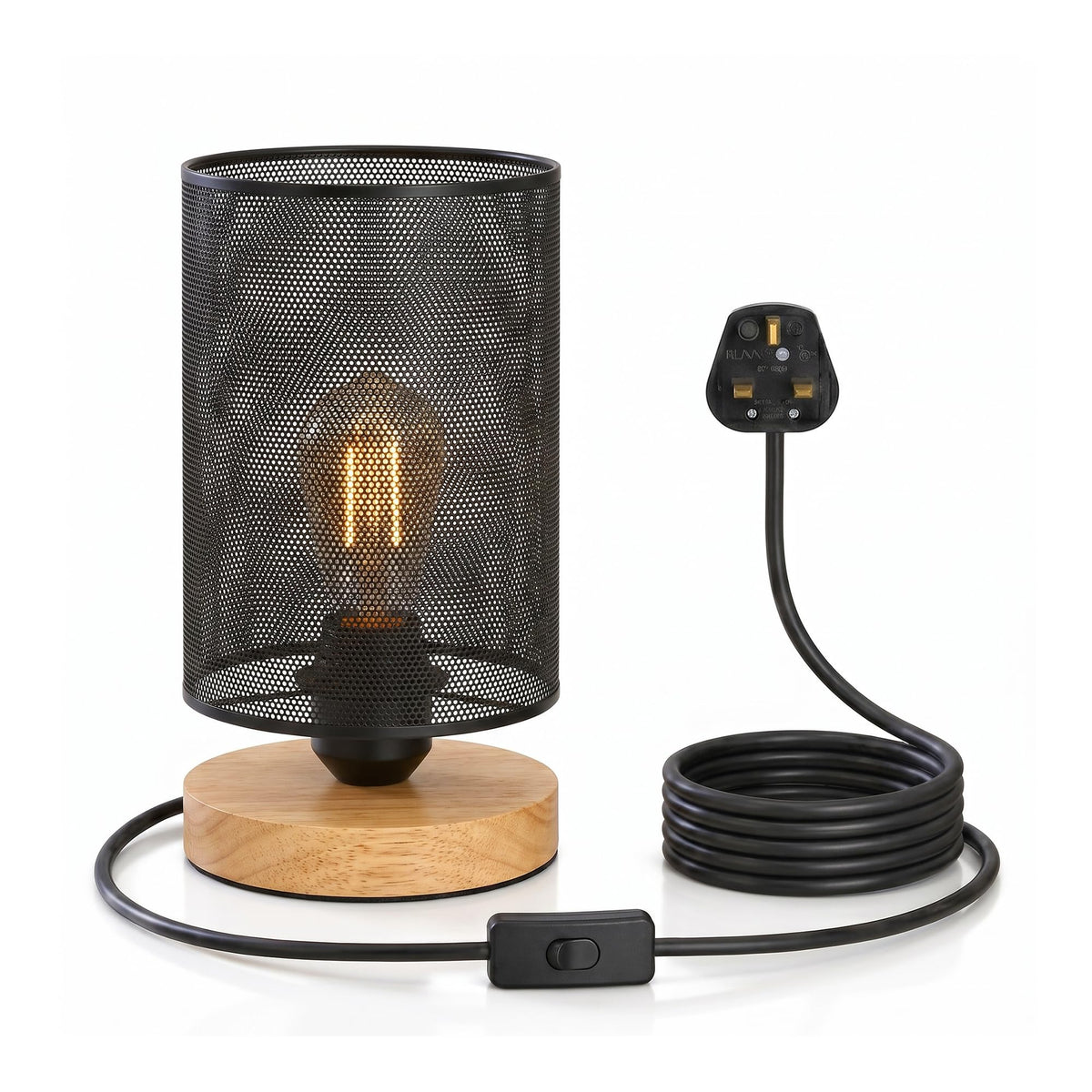 Vintage E27 Table Lamp with Barrel Cage & Wooden Stand