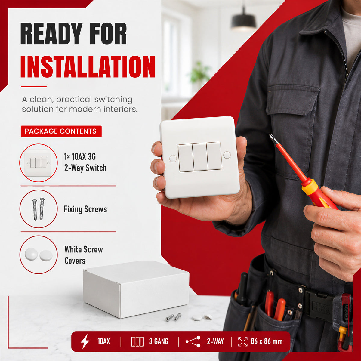 1, 2 & 3 Gang 2 Way White Light Switches – 250V AC ~1247