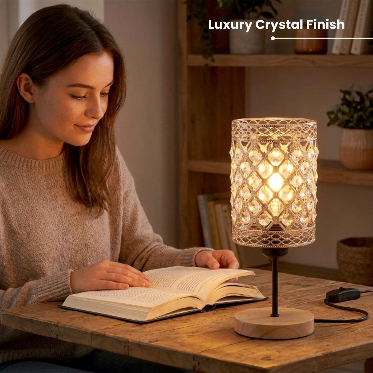 Vintage Crystal Cage Table Lamp with gold wire and wooden base