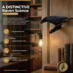A black raven lamp with a lit bulb is mounted on a wooden wall near a bookshelf and compass.