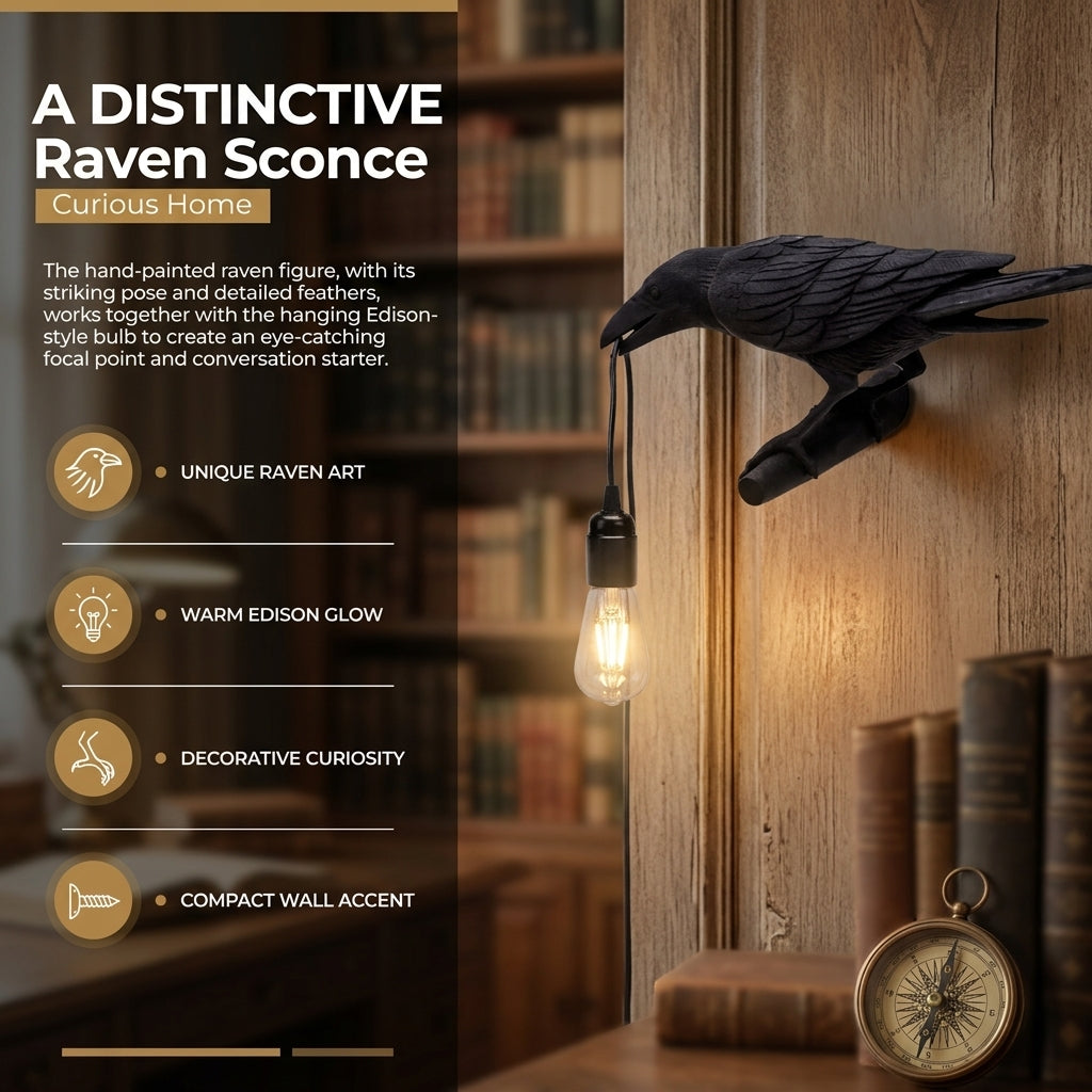 A black raven lamp with a lit bulb is mounted on a wooden wall near a bookshelf and compass.