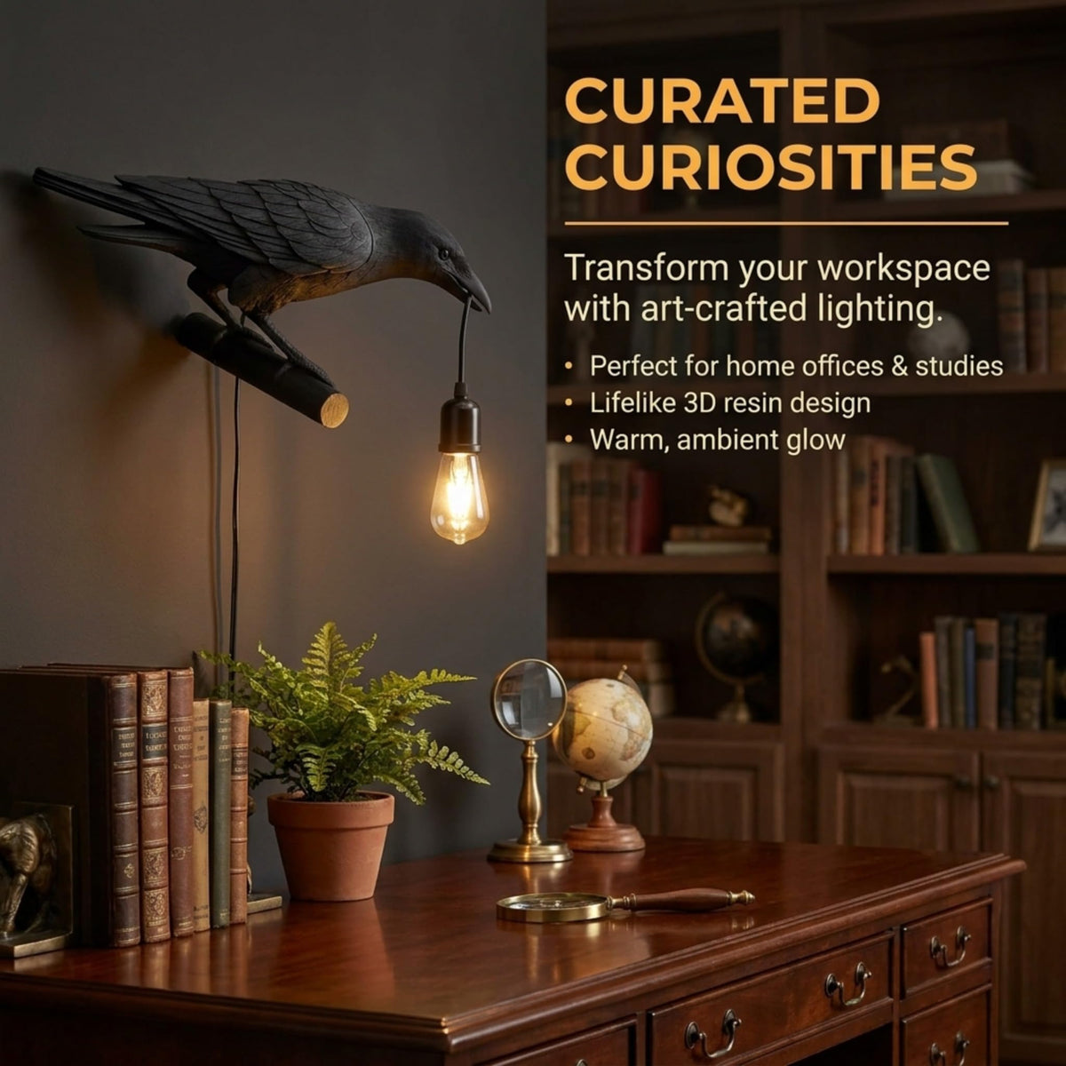 A black raven lamp with a lit bulb hangs in a home office with books and a globe on a wooden desk.