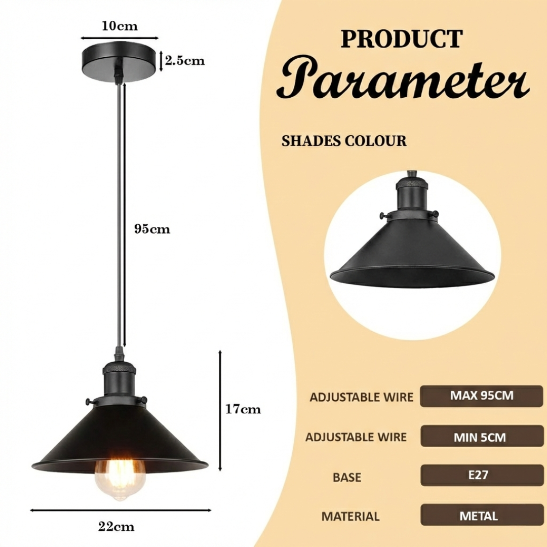 Vintage Industrial Black Cone Pendant Light with Adjustable Cable ~1108