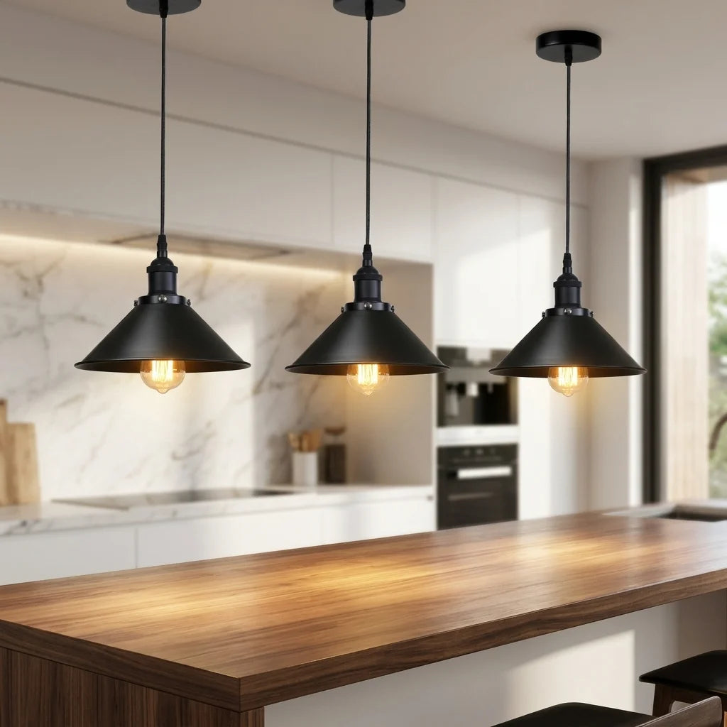 Three black pendant lights with conical shades hanging over a wooden kitchen island in a modern kitchen setting.