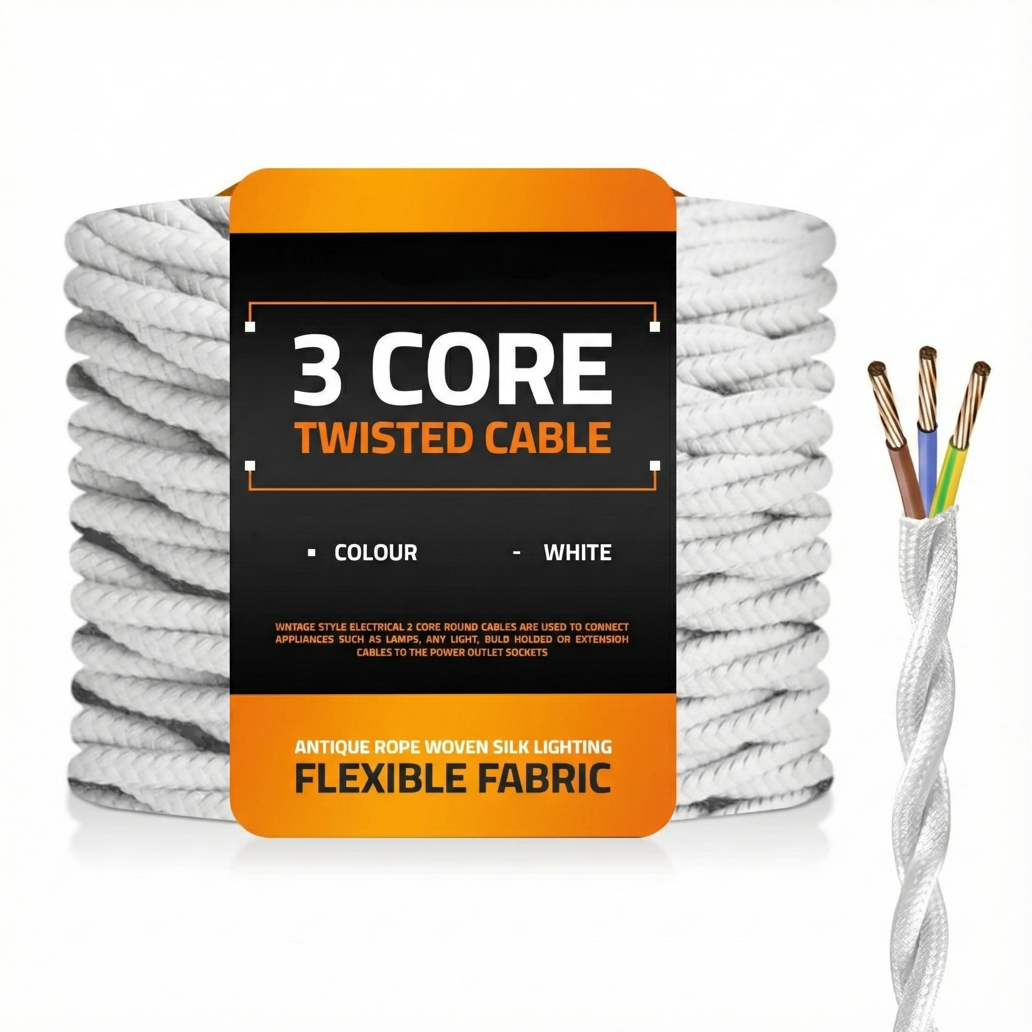 3 Core Twisted Vintage Fabric Braided Electric White Cable