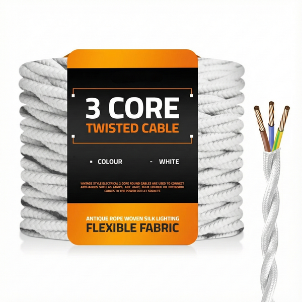 3 Core Twisted Vintage Fabric Braided Electric White Cable ~1056