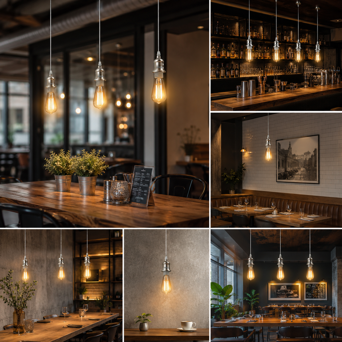 A six-panel collage showcasing industrial-style pendant light fixtures with exposed Edison bulbs in various restaurant and bar interior settings.