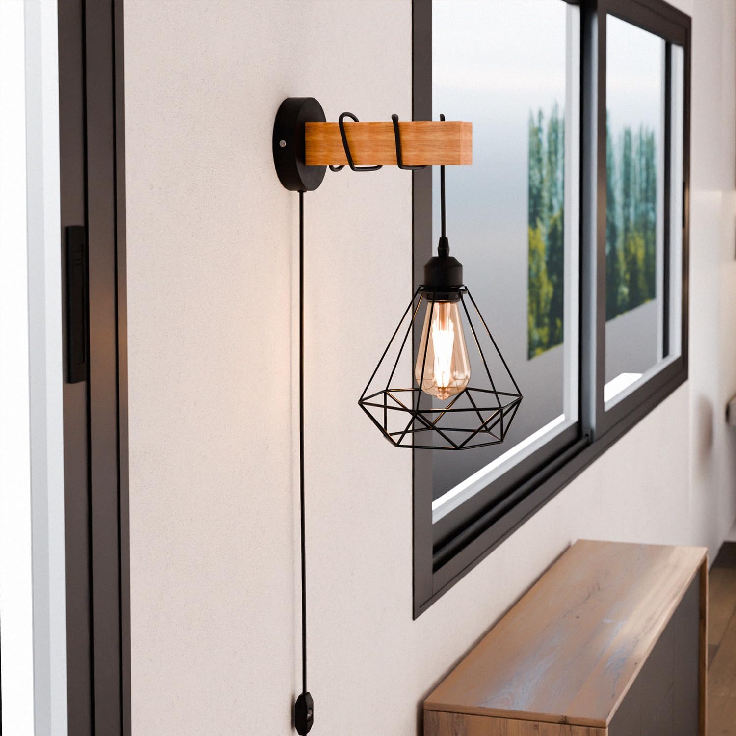 Industrial Wall Light Plug-In Dimmable with Wood & Metal Cage Black ~1154
