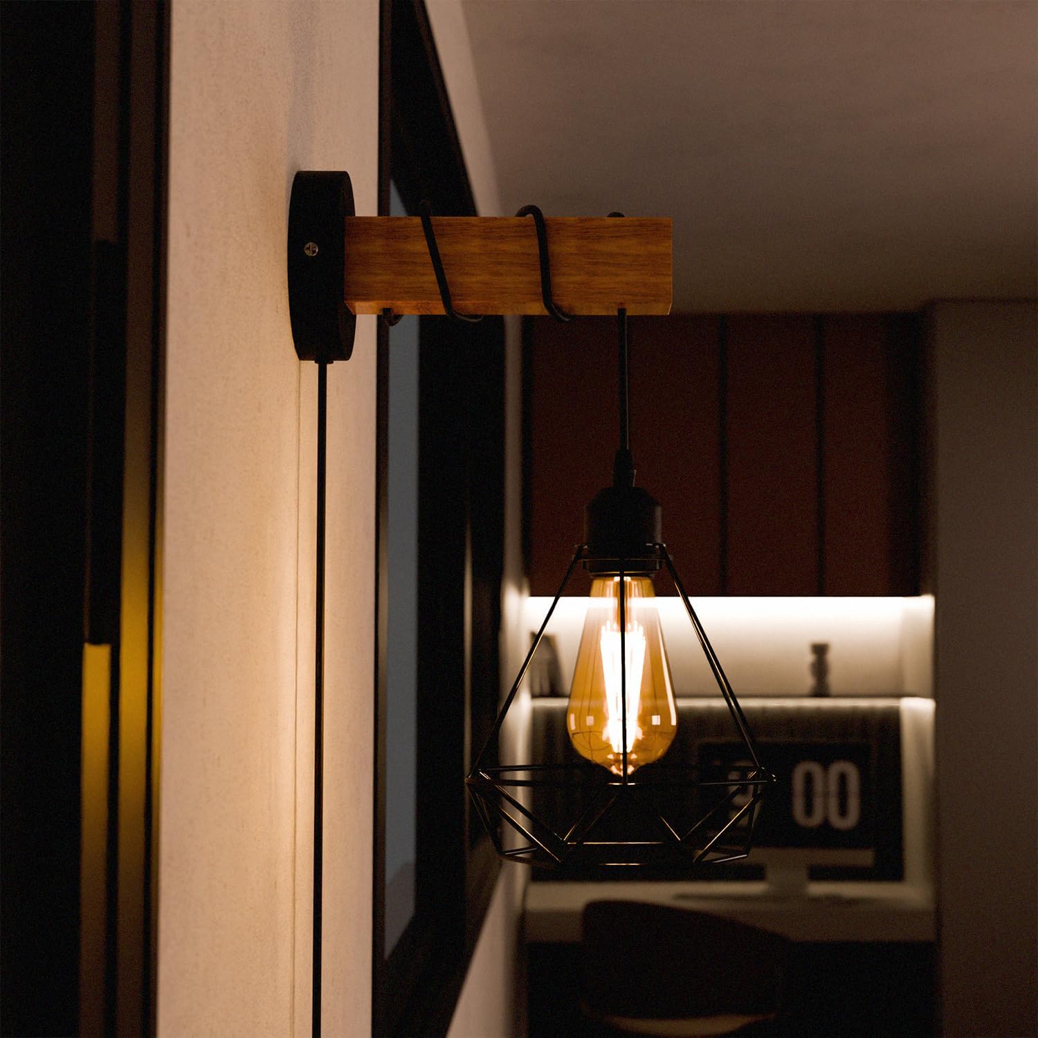 Industrial Wall Light Plug-In Dimmable with Wood & Metal Cage Black ~1154