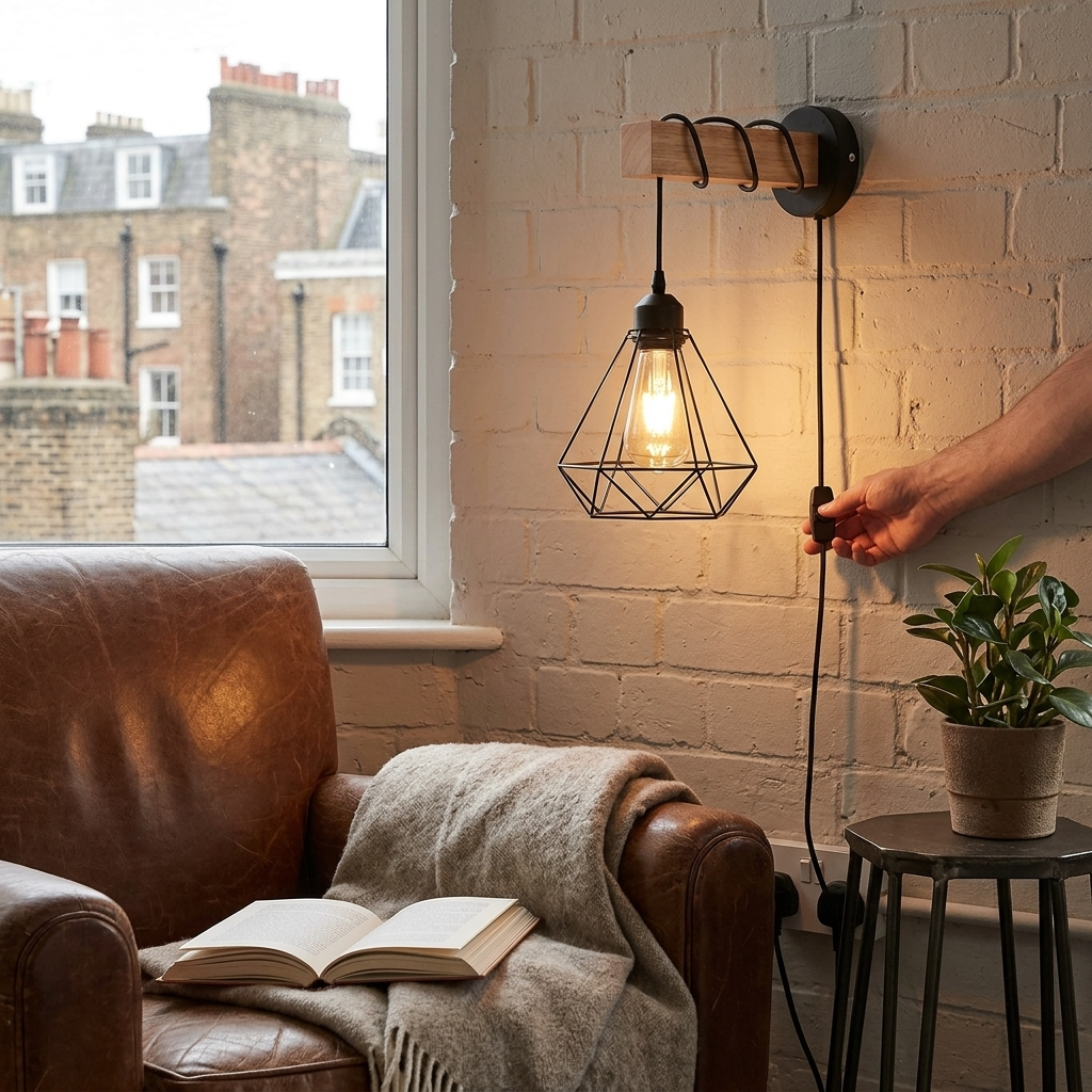 Cozy living room with a brown leather armchair, open book, and wall-mounted lamp.
