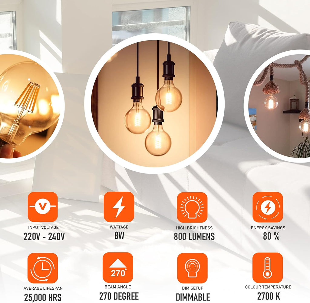 5-Pack G125 E27 LED Edison Bulbs | 8W Dimmable Amber Glass 2700K ~1002