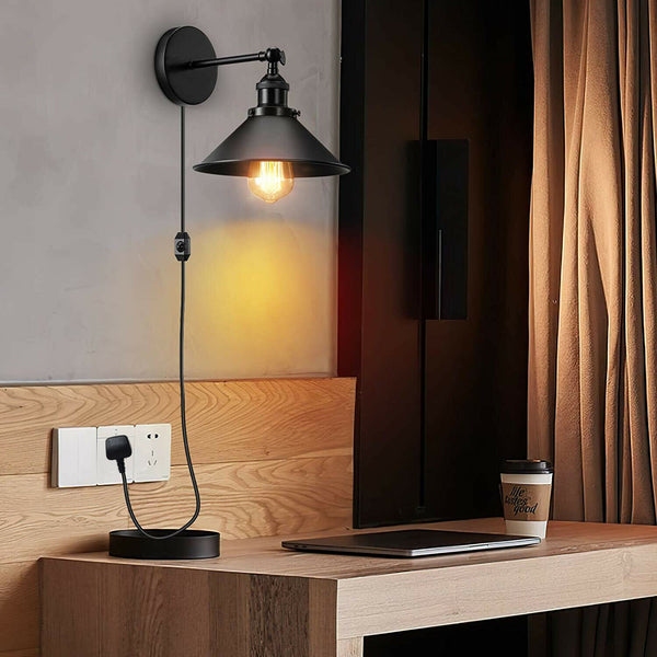 Dimmable Swing-Arm Wall Light Plug-In Black Sconce with bulb