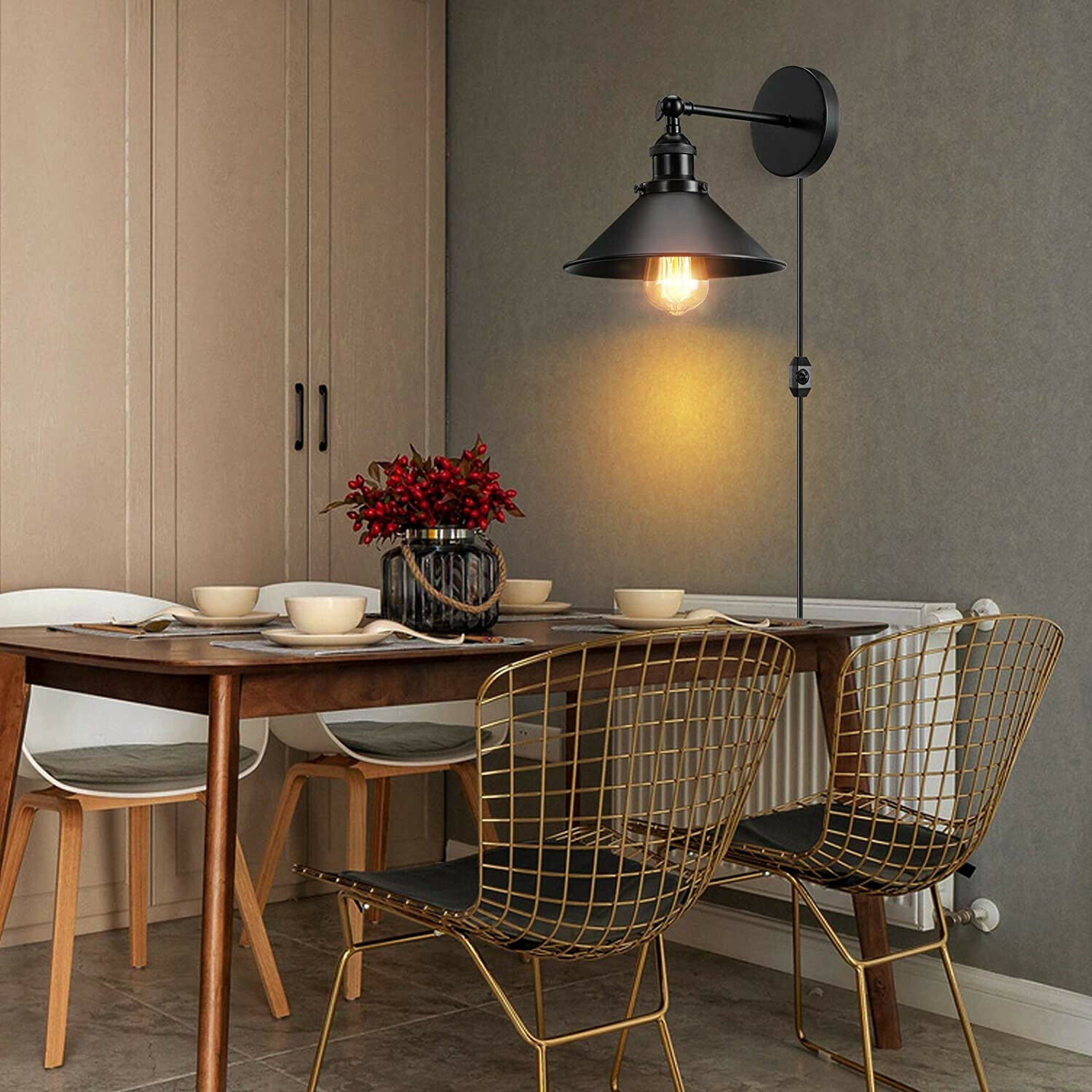 Dimmable Swing-Arm Wall Light | Plug-In Black Sconce + Bulb ~1076