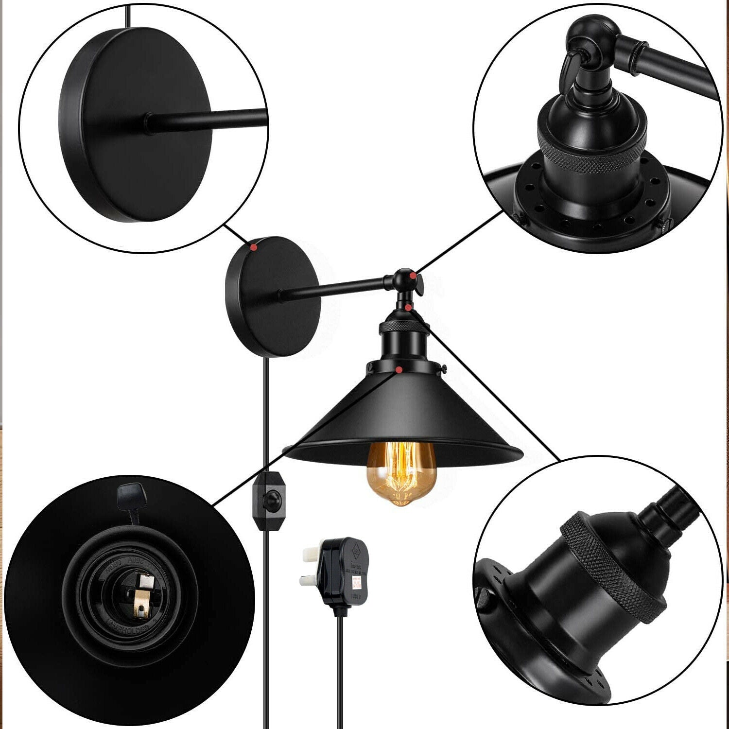 Dimmable Swing-Arm Wall Light | Plug-In Black Sconce + Bulb ~1076