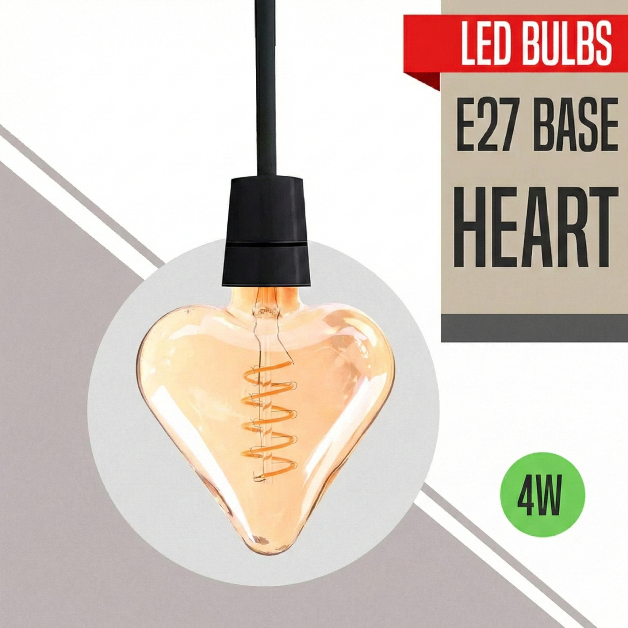 Heart-shaped LED bulb with E27 base on a geometric background