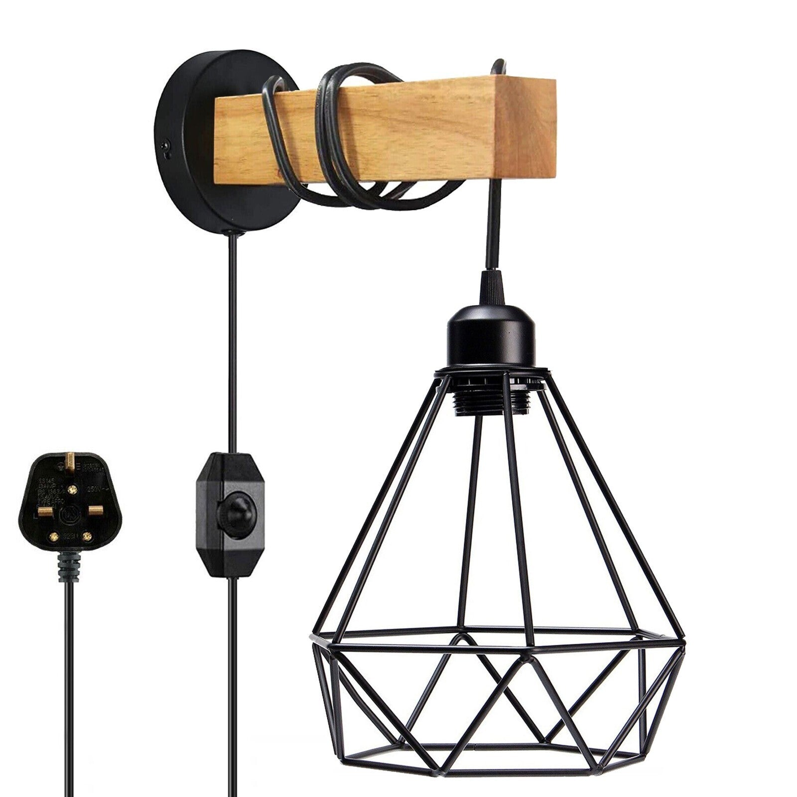 Industrial Wall Light Plug-In Dimmable with Wood & Metal Cage Black ~1154
