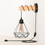 Industrial Wall Light Plug-In Dimmable with Wood & Metal Cage Black ~1154