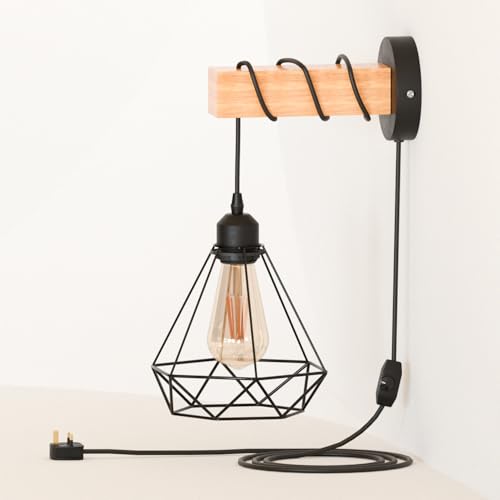 Industrial Wall Light Plug-In Dimmable with Wood & Metal Cage Black ~1154