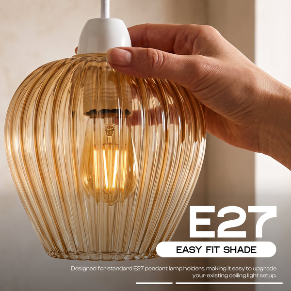 Amber Gold Glass Easy Fit Pendant Shade with Ridged Fluted Lines 15cm ~1200